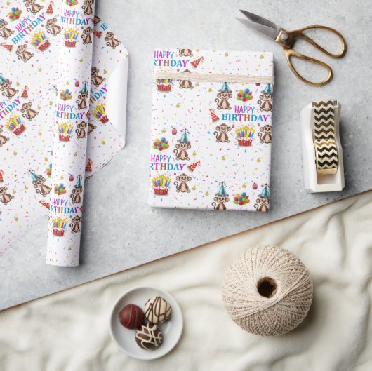 Happy Birthday Wrapping Paper Monkey Cupcake  Geschenkpapier (Kunsthandwerk)