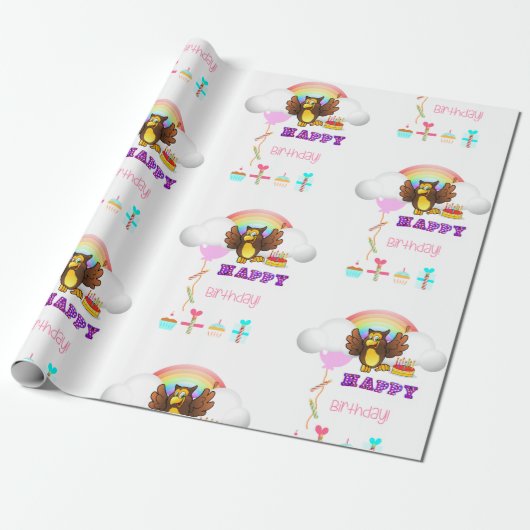 Happy Birthday Wrapping Paper Owl Geschenkpapier (Ungerollt)
