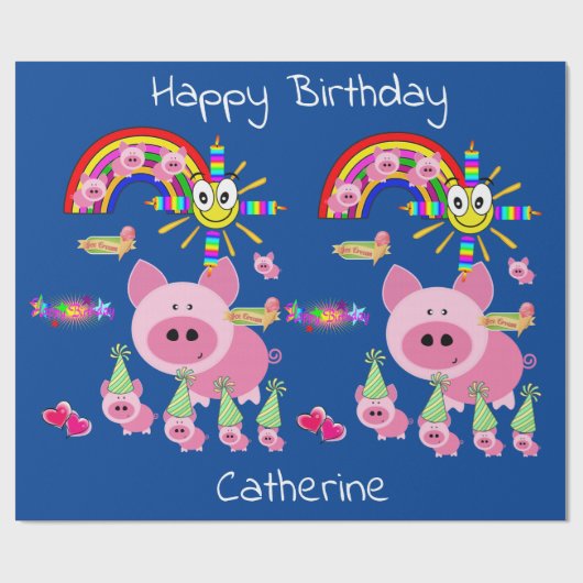 Happy Birthday Wrapping Paper Pink Pigs Geschenkpapier (Flach)