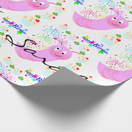 Happy Birthday Wrapping Paper Pink Worm Cupcakes Geschenkpapier (Ecke)