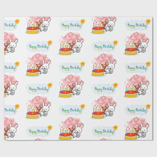 Happy Birthday Wrapping Paper Rabbit Cake Geschenkpapier (Flach)