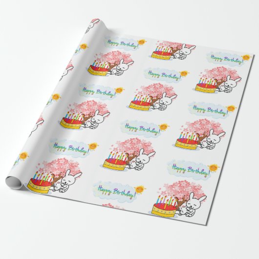 Happy Birthday Wrapping Paper Rabbit Cake Geschenkpapier (Ungerollt)