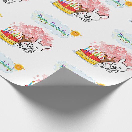 Happy Birthday Wrapping Paper Rabbit Cake Geschenkpapier (Ecke)