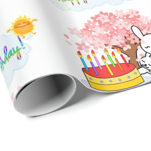 Happy Birthday Wrapping Paper Rabbit Cake Geschenkpapier (Rolleneckpunkt)
