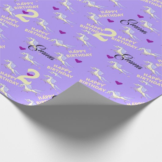 Happy Birthday Wrapping Paper Unicorn Lila 2 Jahre Geschenkpapier (Ecke)