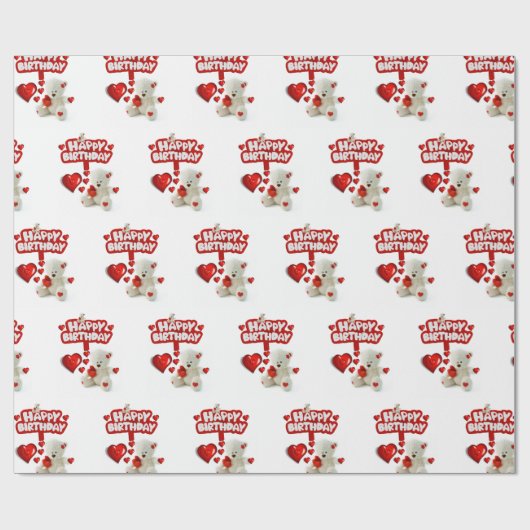 Happy Birthday Wrapping Paper White Teddy Bär Geschenkpapier (Flach)
