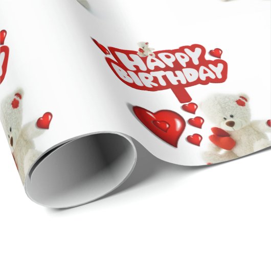 Happy Birthday Wrapping Paper White Teddy Bär Geschenkpapier (Rolleneckpunkt)