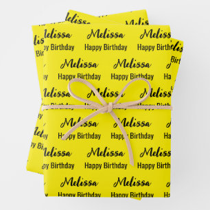 Happy Birthday Yellow and Black Name Pattern Geschenkpapier Set