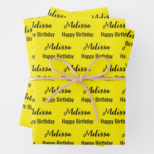 Happy Birthday Yellow and Black Name Pattern Geschenkpapier Set (Beispiel)