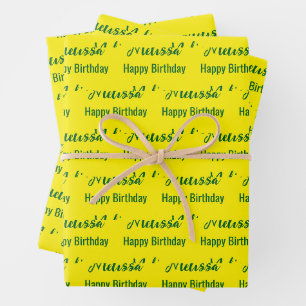Happy Birthday Yellow and Green Name Muster Geschenkpapier Set