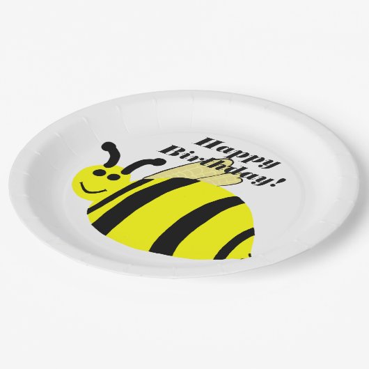 Happy Birthday Yellow Bumble Bee Pappteller (Schrägansicht)