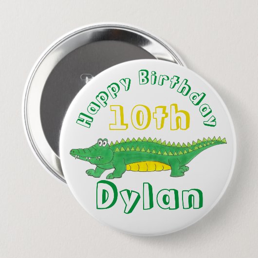 Happy Birthday Yellow Green Alligator Crocodile Button (Vorne & Hinten)