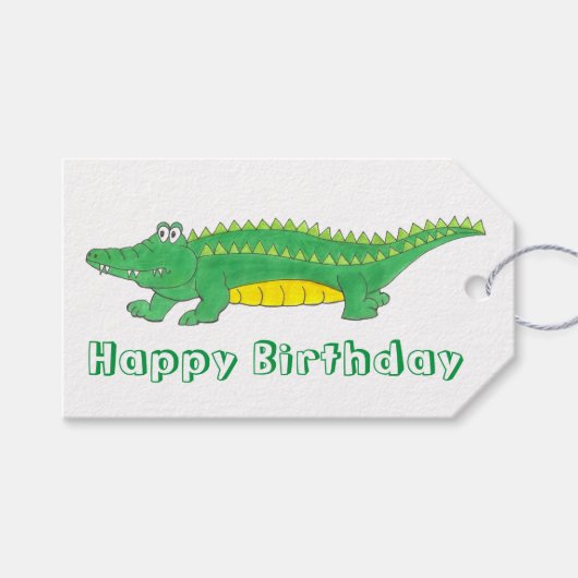 Happy Birthday Yellow Green Alligator Crocodile Geschenkanhänger (Vorderseite (Horizontal))