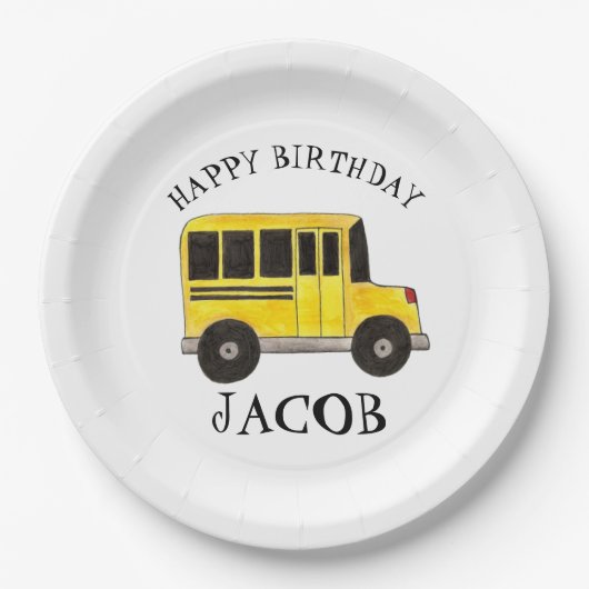 Happy Birthday Yellow School Buslehrer Bildung Pappteller (Vorderseite)