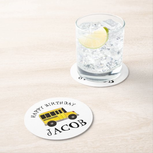 Happy Birthday Yellow School Buslehrer Bildung Runder Pappuntersetzer (Vor Ort)