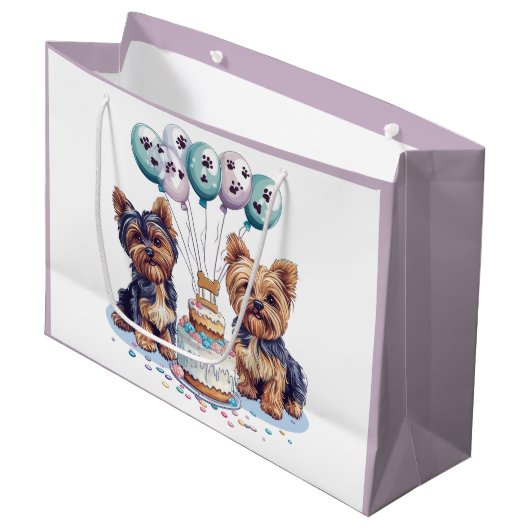 Happy Birthday Yorkie Dog Große Geschenktüte (Vorderseite Schrägansicht)