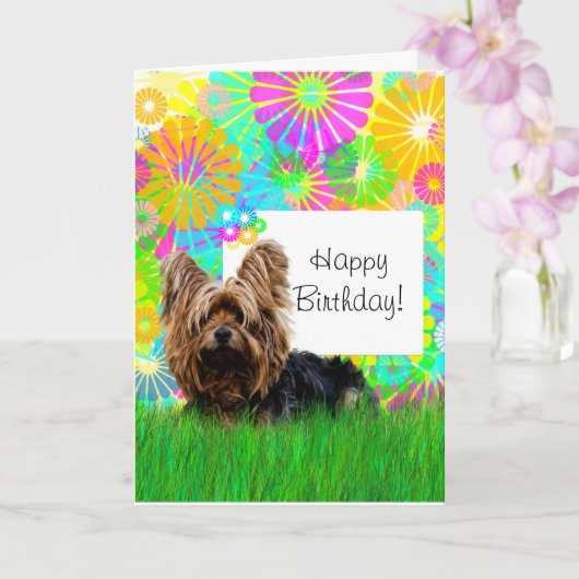 Happy Birthday Yorkie Hund Card Karte (Orchidee)