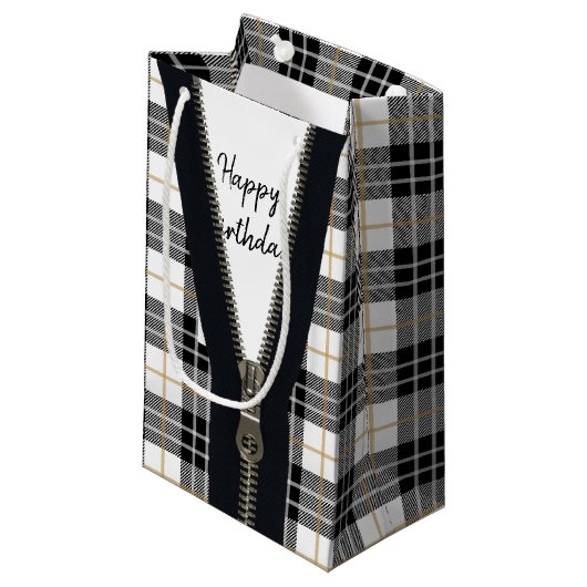 Happy Birthday Zipper auf Tartan Kariert Kleine Geschenktüte (Vorderseite Schrägansicht)