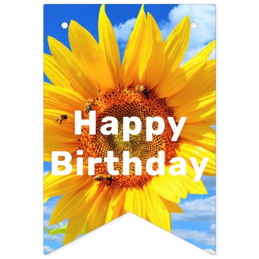 Happy Bitrhday - Sonnenblumen und Bienen auf blaue Wimpelkette (Erste Fahne)