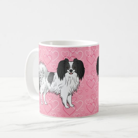 Happy Black and White Phalène Hund auf rosa Herzen Kaffeetasse (Vorderseite Links)