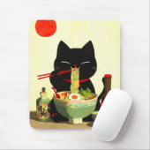 Happy Black Cat Eating Ramen | Japanese Ukiyo-e Mousepad (Mit Mouse)