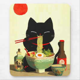 Happy Black Cat Eating Ramen | Japanese Ukiyo-e Mousepad
