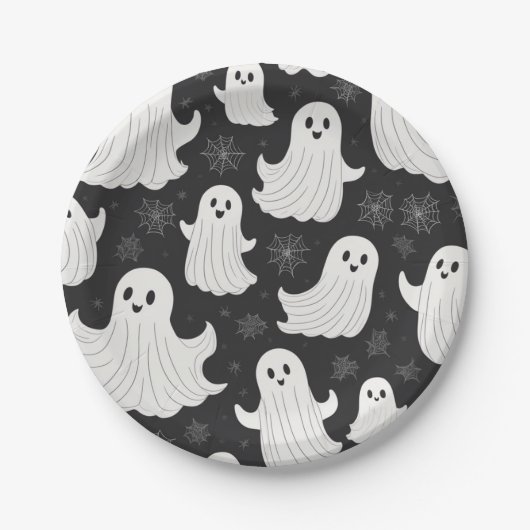 Happy Black & White Halloween Ghost Pappteller (Vorderseite)