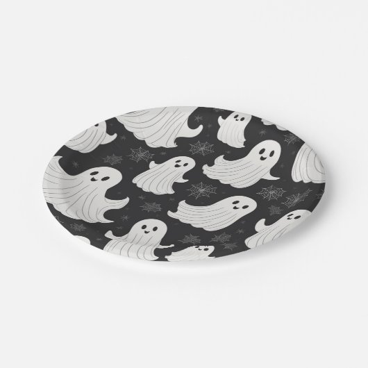 Happy Black & White Halloween Ghost Pappteller (Schrägansicht)