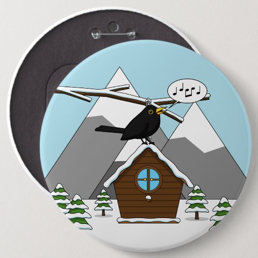 Happy Blackbird im Winter Landschaft singen Button (Vorne & Hinten)