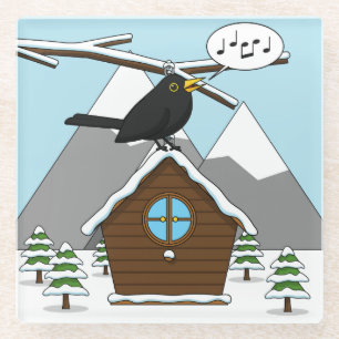 Happy Blackbird im Winter Landschaft singen Glasuntersetzer