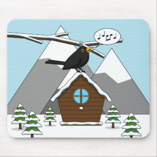 Happy Blackbird im Winter Landschaft singen Mousepad