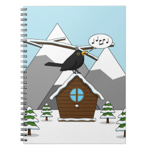 Happy Blackbird im Winter Landschaft singen Notizblock