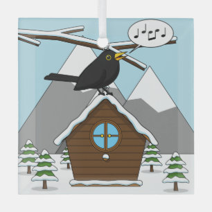 Happy Blackbird im Winter Landschaft singen Ornament Aus Glas