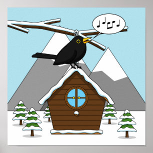 Happy Blackbird im Winter Landschaft singen Poster