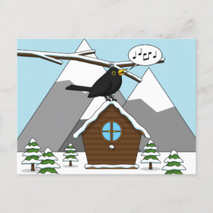 Happy Blackbird im Winter Landschaft singen Postkarte