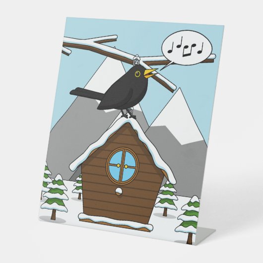 Happy Blackbird im Winter Landschaft singen Sockelschild (Vorderseite)