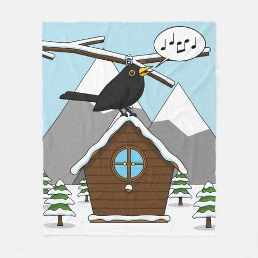 Happy Blackbird Singing in Winter Landscape Fleecedecke (Vorderseite)