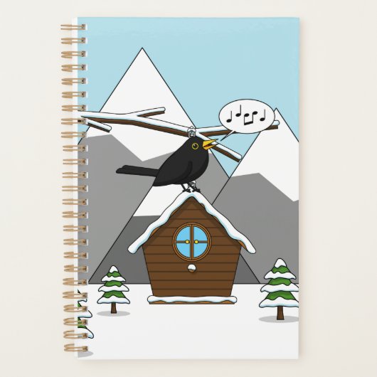 Happy Blackbird Singing in Winter Landscape Planer (Vorderseite)