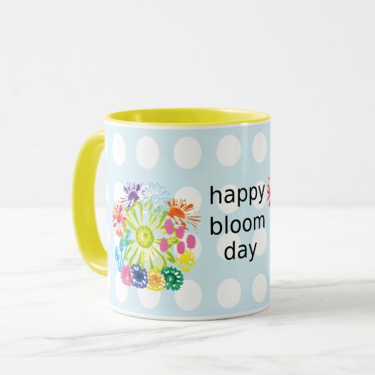 Happy Bloom Day Tasse – Retro Blumen & Punkte (Vorderseite Links)