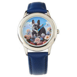 Happy Blue French Bulldog & Blume Armbanduhr