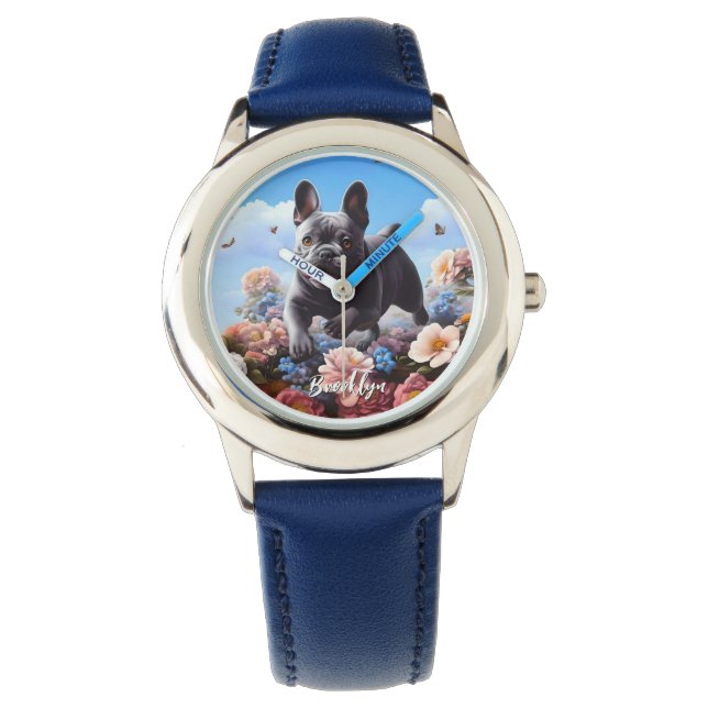 Happy Blue French Bulldog & Blume Armbanduhr (Vorderseite)