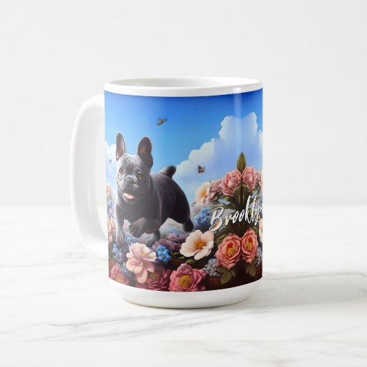 Happy Blue French Bulldog & Blume Kaffeetasse (Vorderseite Links)