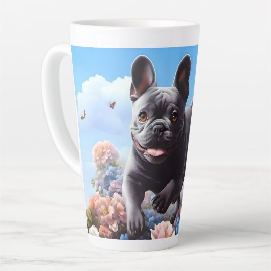Happy Blue French Bulldog & Blume Milchtasse (Linke Ecke)