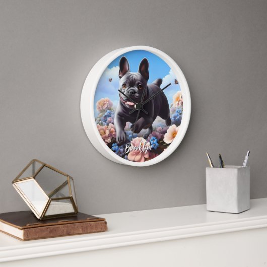 Happy Blue French Bulldog & Blume Uhr (Büro)