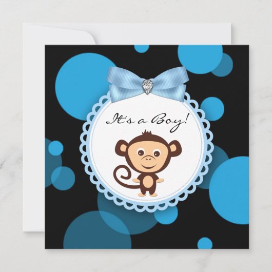 Happy Blue Monkey Baby Shower Einladung (Vorderseite)