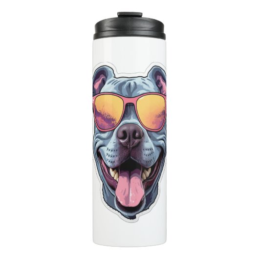 Happy Blue Pitbull mit Sonnenbrille Thermosbecher (Vorderseite)