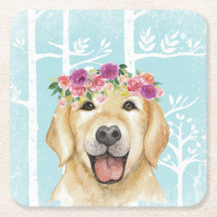 Happy Blume Animal in Blue Forest-Dog Retriever Rechteckiger Pappuntersetzer