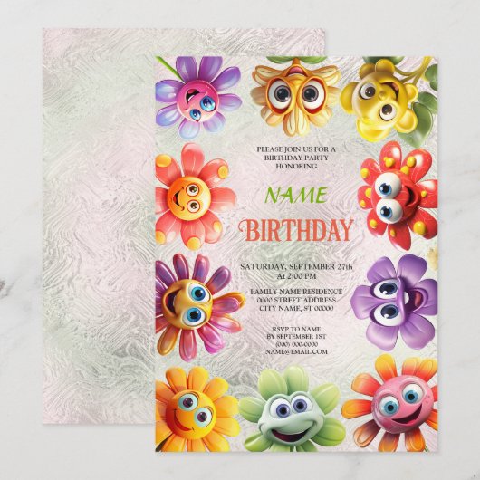 Happy Blume Geburtstagsparty Einladung (Vorne/Hinten)