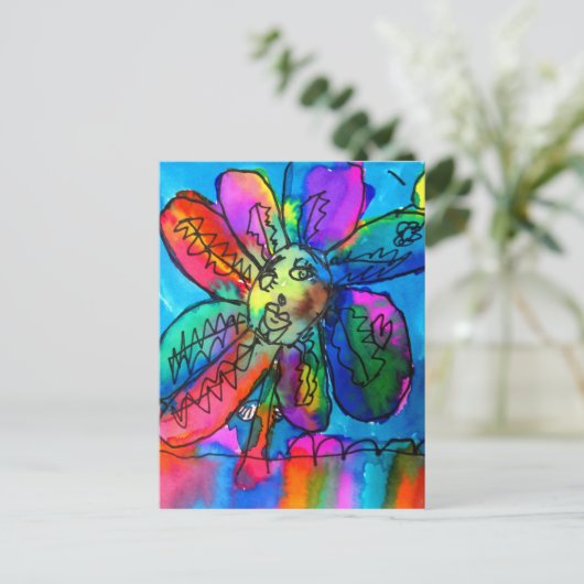 Happy Blume Kind's Art rosa und blau Stift und Tin Postkarte (Stehend Vorderseite)