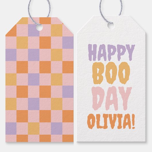 Happy Boo-Day Checkered Halloween Geschenkanhänger
